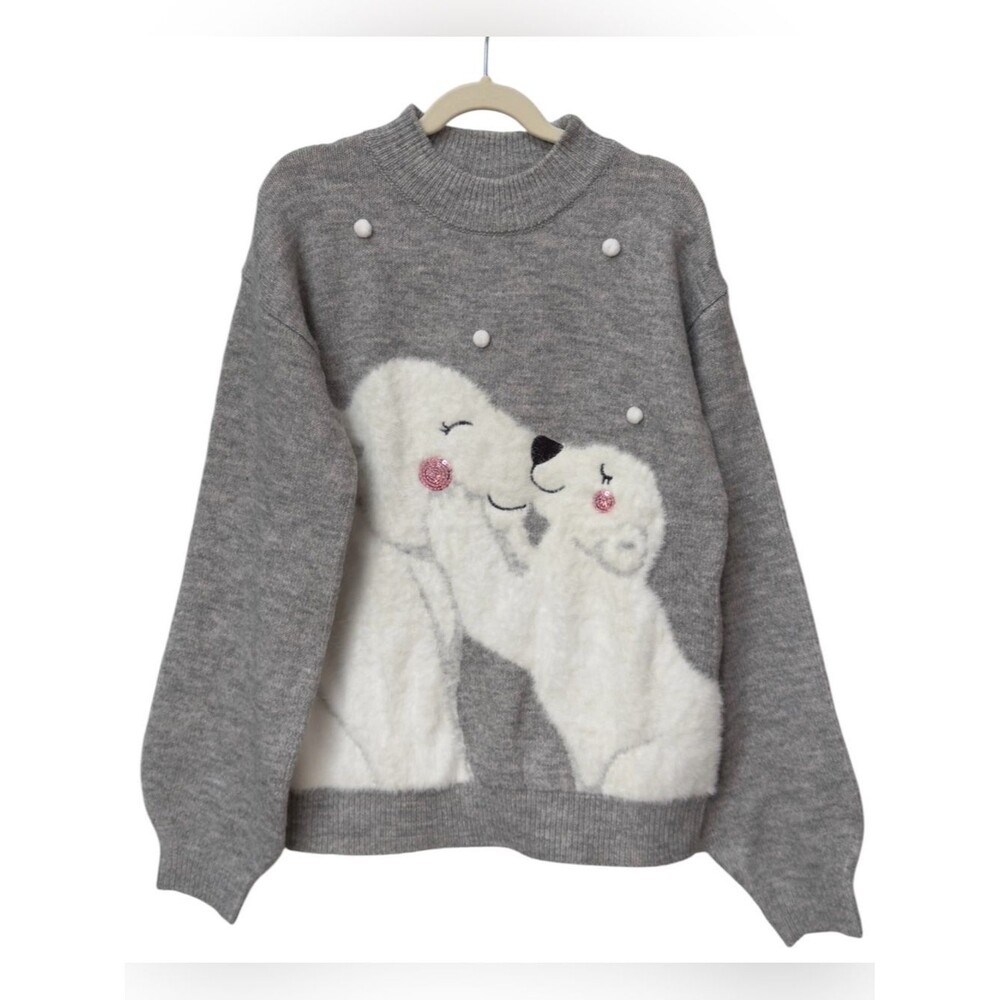 Primark Cares Girls Kids Gray Fuzzy Polar Bears Cute Sequin Sweater. 12-13. NEW.